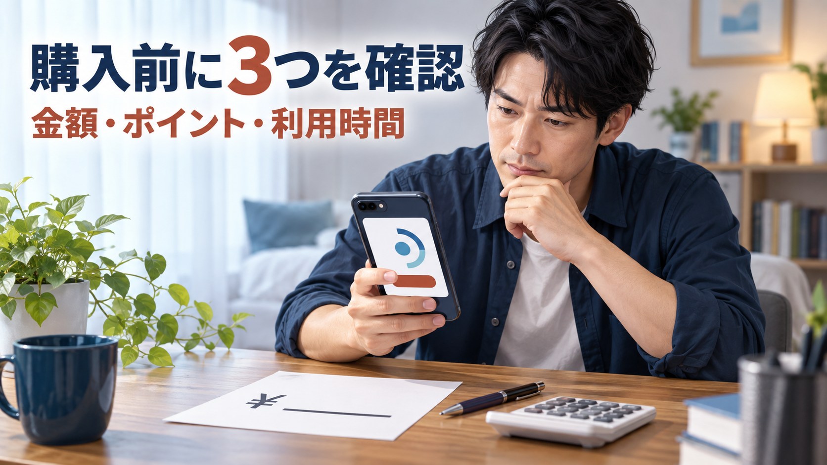 DXliveのポイント購入前に金額と利用時間を確認する男性のイメージ